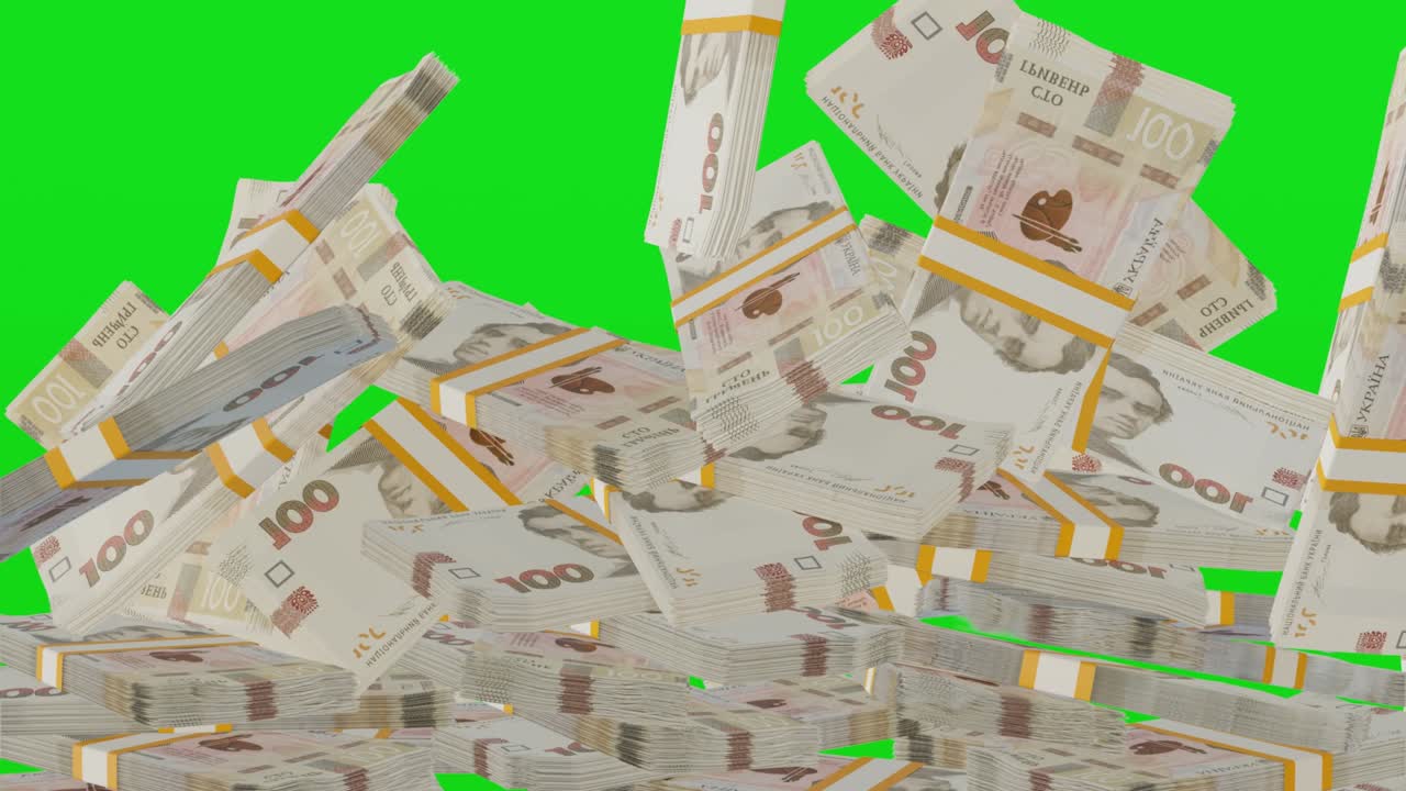 크로마키의 배경에 많은 돈이 떨어집니다. 100 우크라이나 그리브니아 지폐, 돈의 어리.
