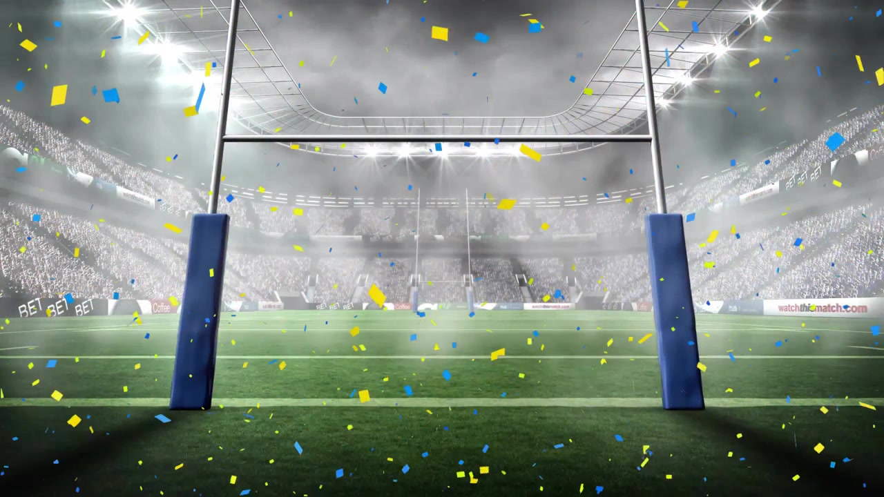 Rugby goal posts with protective pads being displayed in 3D stadium, showing confetti drifting