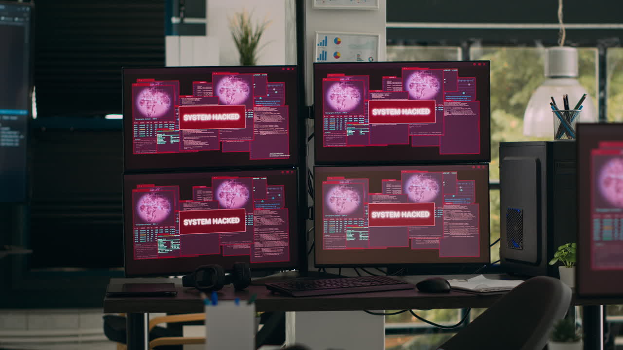 Multiple monitors with critical error message flashing on screens with hacking alert
