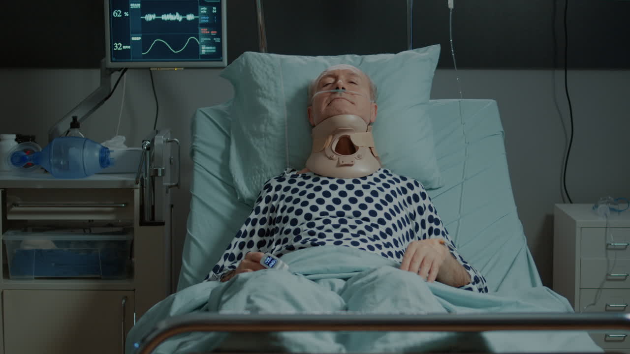 Portrait of sick elder patient with cervical collar on neck