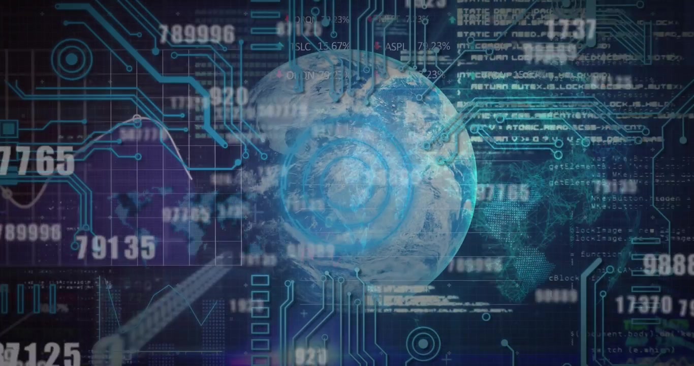 Animation of financial data processing over globe and computer circuit board