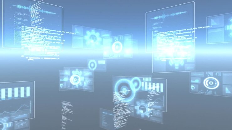 Animation of data processing with digital interfaces on black background