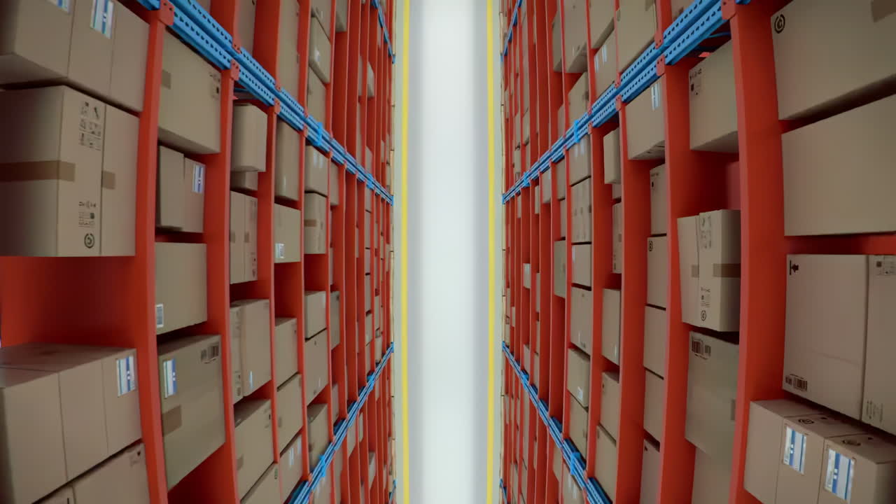 Top view of a warehouse logistics distribution center storage with aisles of shelves stacked boxes