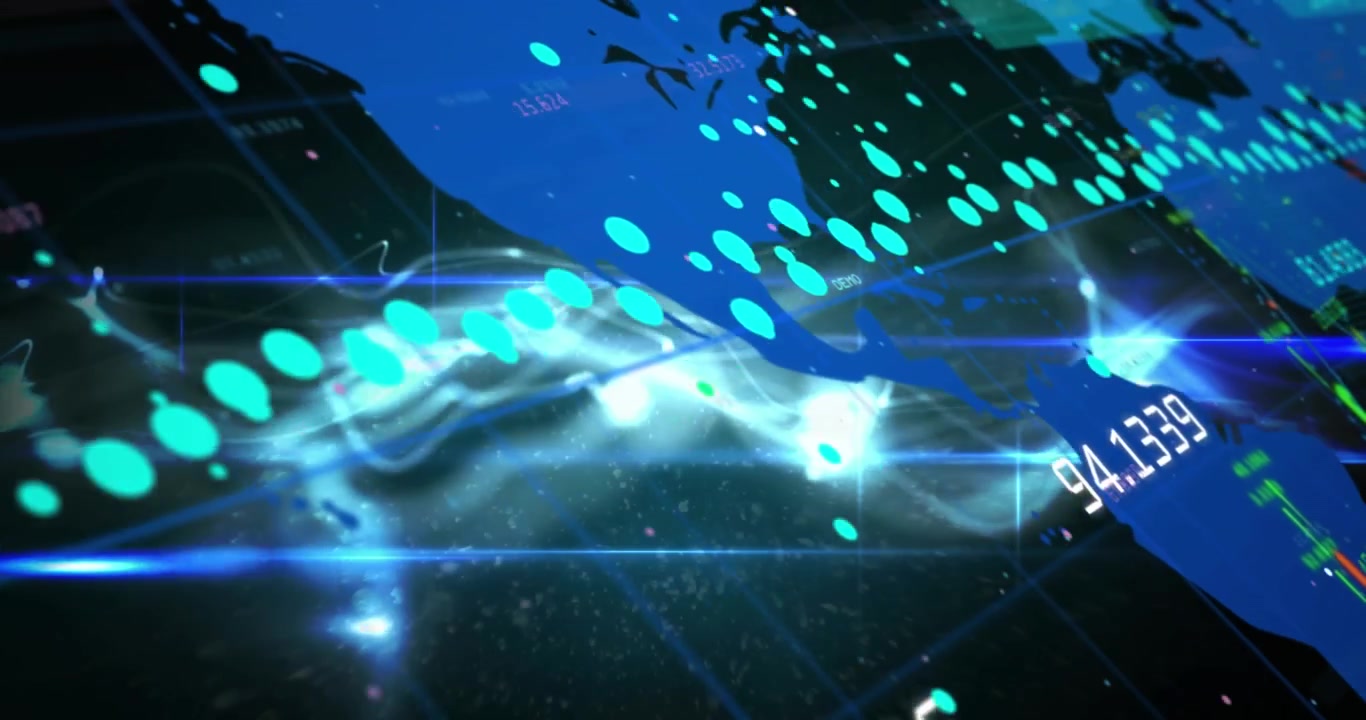 地図の上に、点がグラフ、数字、抽象的なパターン、プログラミング言語を形成するアニメーション。