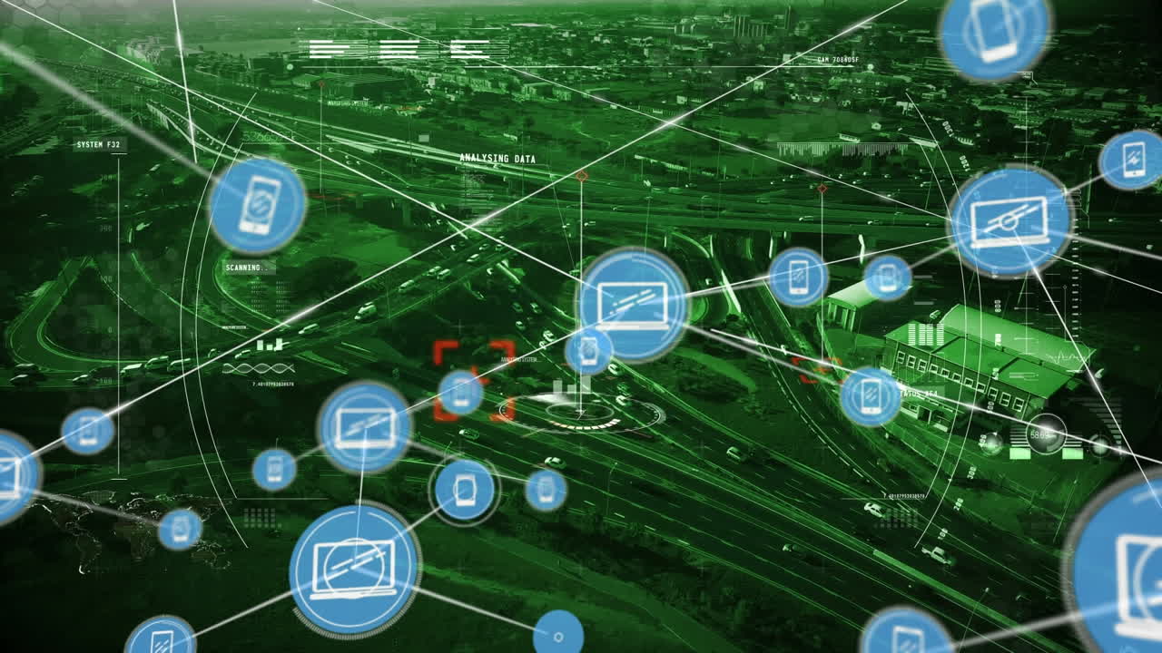 animación de la red de conexiones con iconos sobre el paisaje urbano