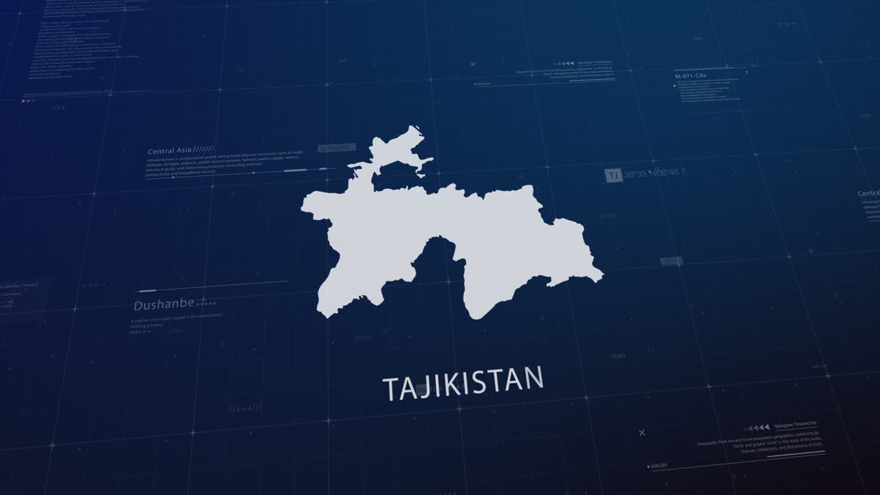 Tajikistan country map comes to life with cinematic panning, unveiling key details, the capital, and slogan, providing an engaging background for corporate and commercial use
