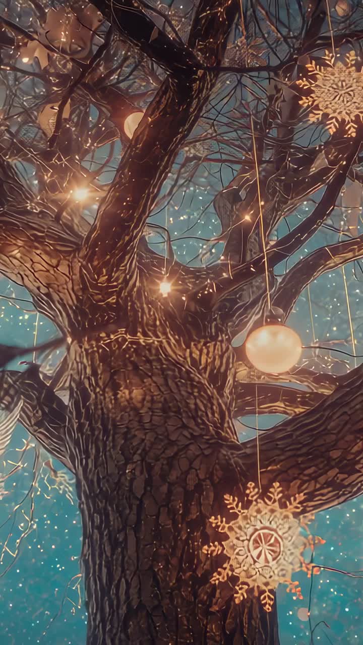 Vertical video: Tilting camera panning upward along tree trunk revealing fairy lights and baubles
