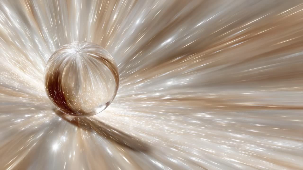 En fascinerende visuel rejse med en central krystalkugle omgivet af dynamiske lysspor, der skaber en æterisk effekt af hurtig bevægelse og dybde