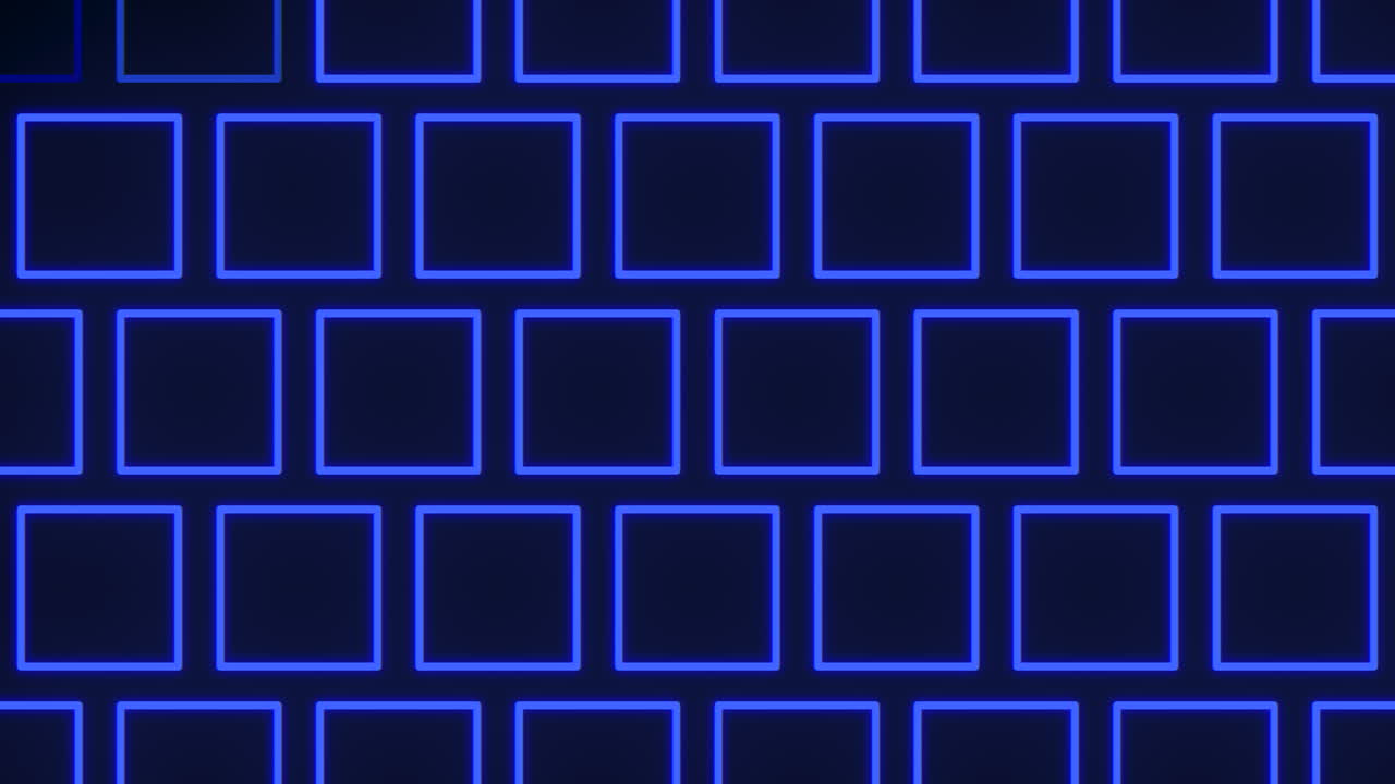 Abstract footage of a glowing blue neon square grid on dark background, seamless futuristic tech wall pattern for digital interface, sci-fi backdrop, and motion design
