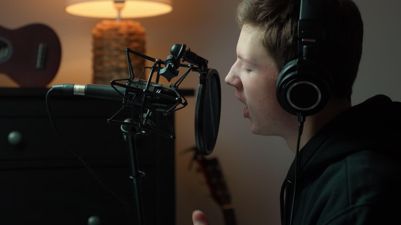 Ung musikproducer synger passioneret i hyggeligt hjemmestudie
