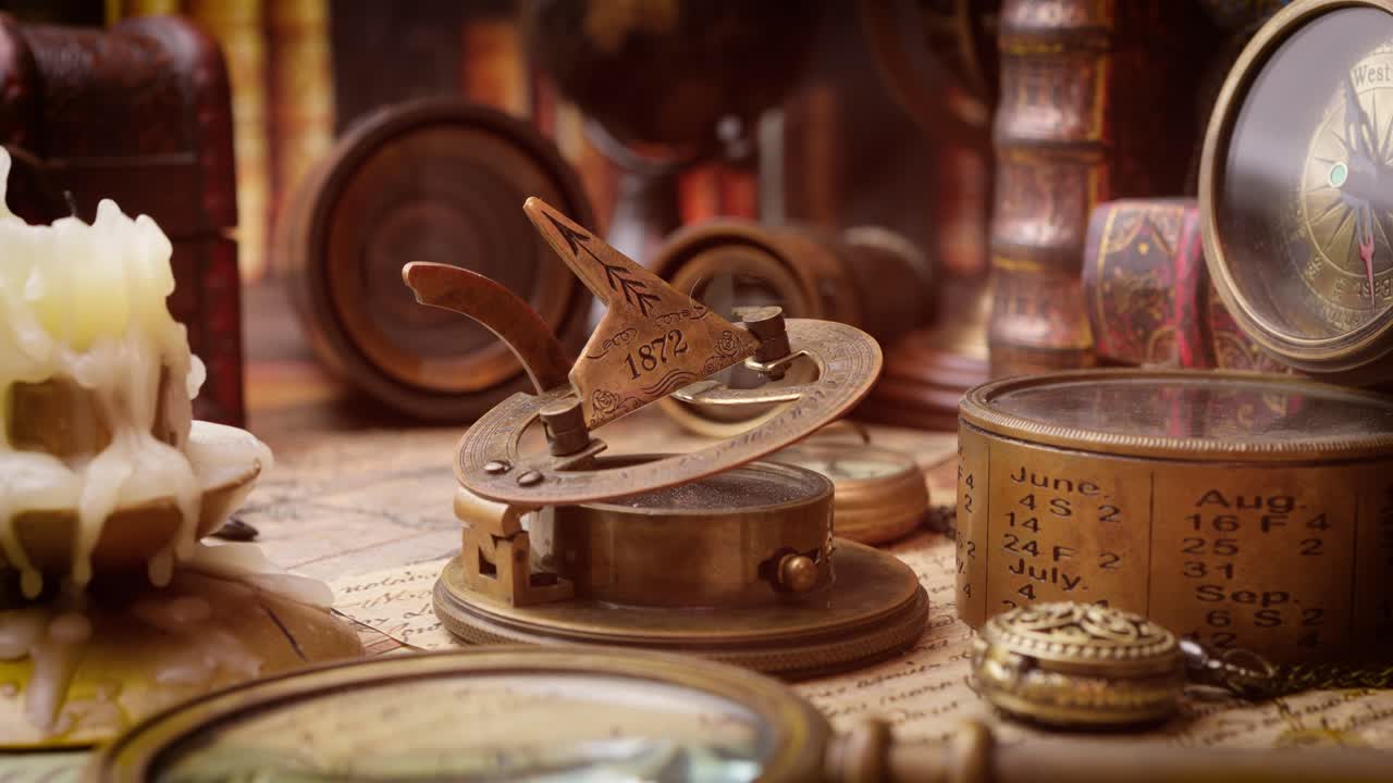 빈티지 스타일의 여행과 모험. 빈티지 오래된 나침반과 테이블에 있는 다른 빈티지 물건들.