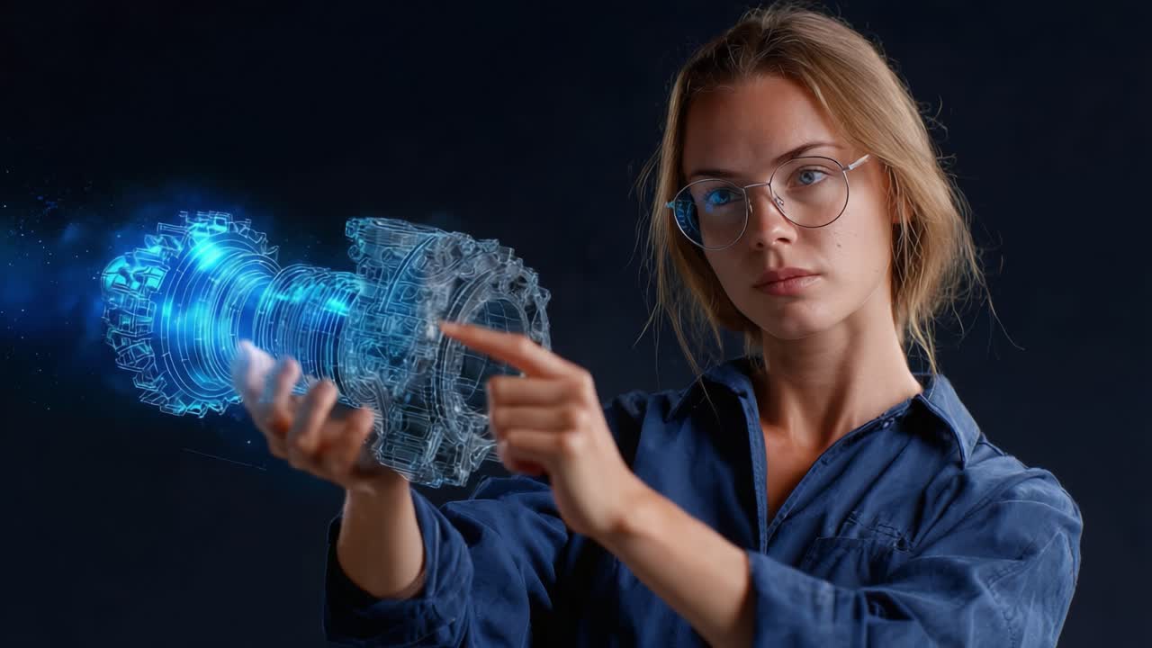 A young woman in glasses engages with a holographic mechanical component, showcasing technological innovation and creativity through immersive digital interaction