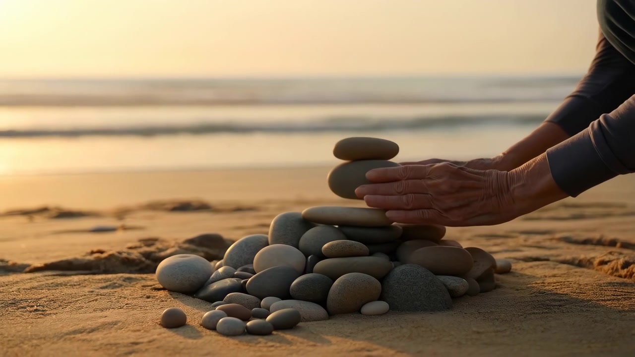 Gün batımında sahilde taşları üst üste dizen ellerin sakin ve meditatif bir sahnesi. Altın ışık, rahatlatıcı ve meditatif aktiviteyi güçlendirerek huzurlu ve doğal bir ortam yaratıyor