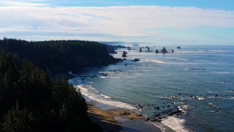 stunning aerial drone shot of the gorgeous third beach in forks, washington with large rock formations, surrounded by a pine tree forest on cliffs, and golden sand on a warm summer morning