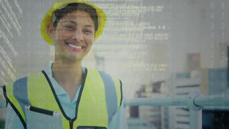 Animation-of-data-processing-over-biracial-female-worker