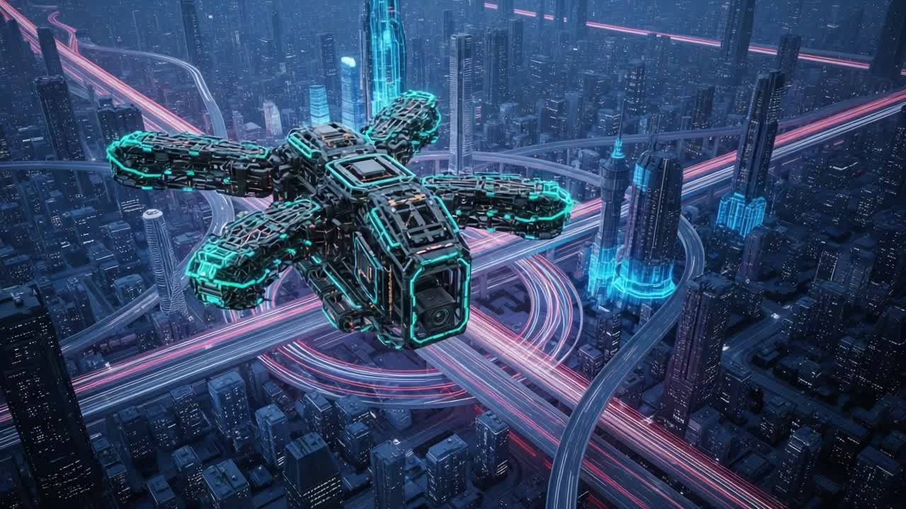 Futuristic Drone Hovering Over a Neon Cityscape: A Visual Exploration of Advanced Technology and Urban Architecture in a Dystopian Future