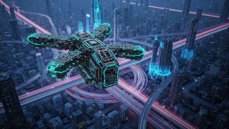 futuristic drone hovering over a neon cityscape: a visual exploration of advanced technology and urban architecture in a dystopian future