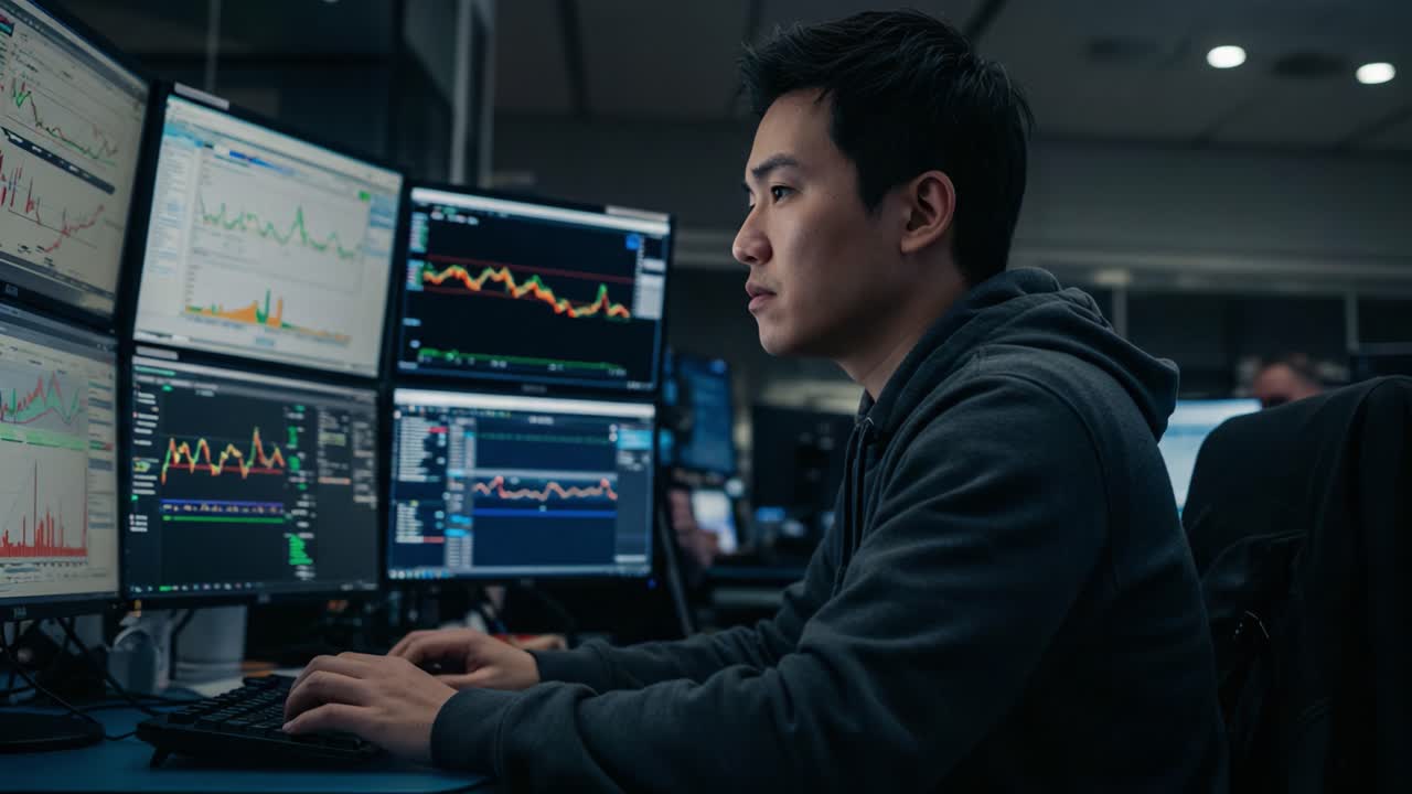 Focused Individual Analyzing Data on Multiple Monitors in a Trading Environment, Capturing the Intensity of Market Analysis and Decision-Making Process