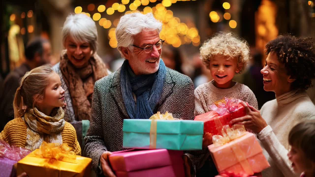 A Heartwarming Family Gathering Celebrating the Joy of Giving with Colorful Wrapped Gifts Amidst Festive Lights and Happy Smiles in a Cozy Holiday Atmosphere