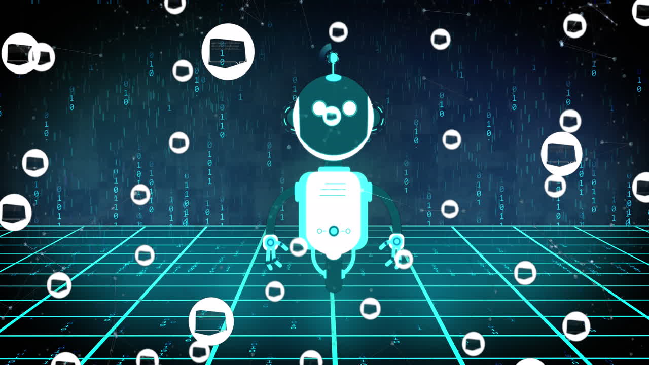 Animation of ai chat bot and icons over binary coding background