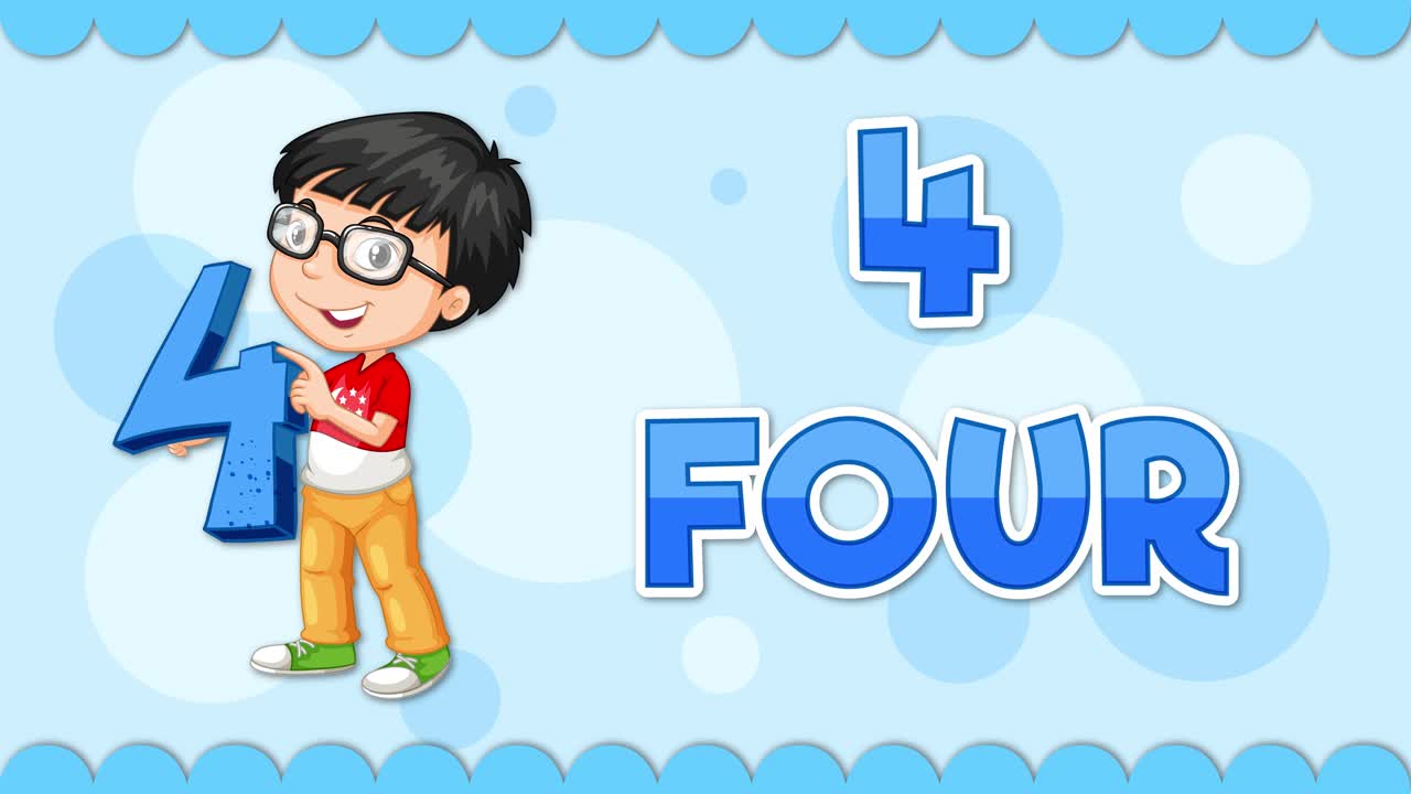 "Animated child happily interacting with number four."