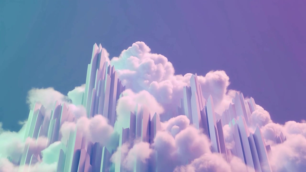 Abstract 3D Geometric Mountain Peaks Surrounded by Soft Clouds