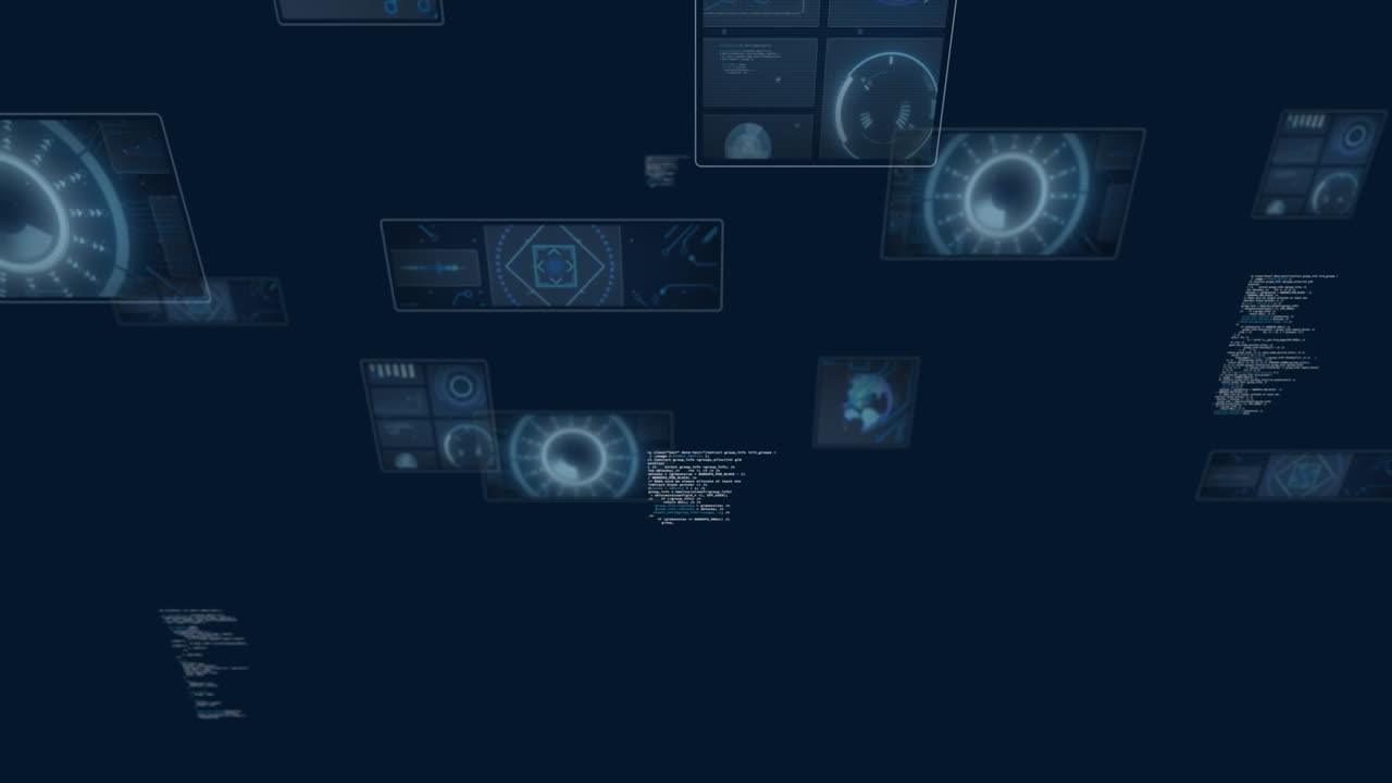 Animation of scopes and computer data processing over dark background
