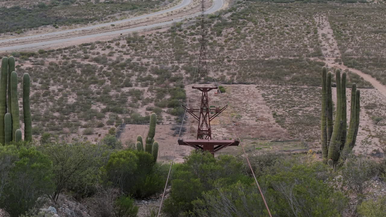 Aerial view of Estación 2 Cable Carril’s ruins and cable structures in the dry mountains of Chilecito, La Rioja, Argentina