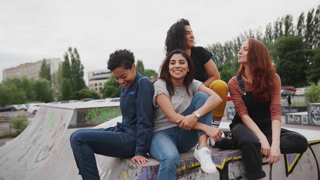 grupo de amigas posando para una foto en la cámara en un parque de patinaje urbano
