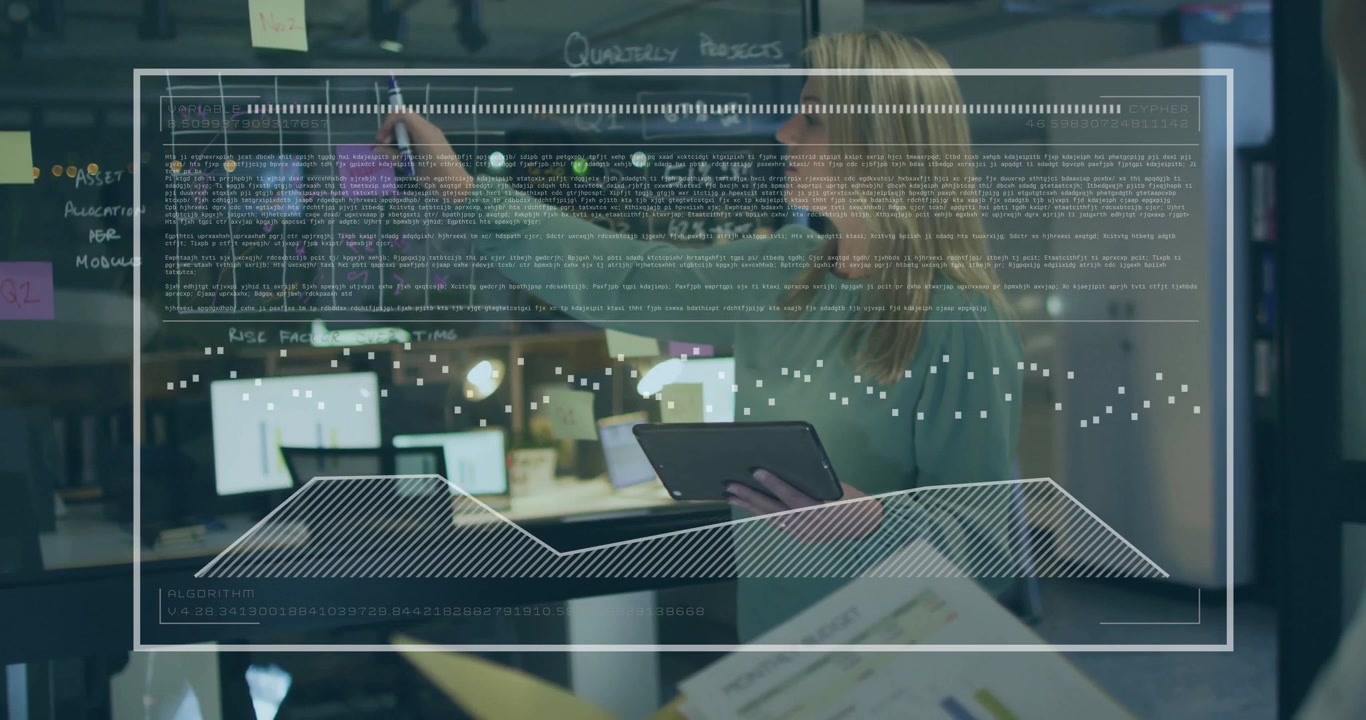 Businesswoman Presenting Data and Graphs on Glass Board in Modern Office