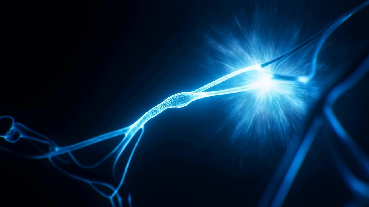 Closeup of glowing blue neural filaments converging against deep black background with soft haze, bright bloom, and abstract sci fi energy