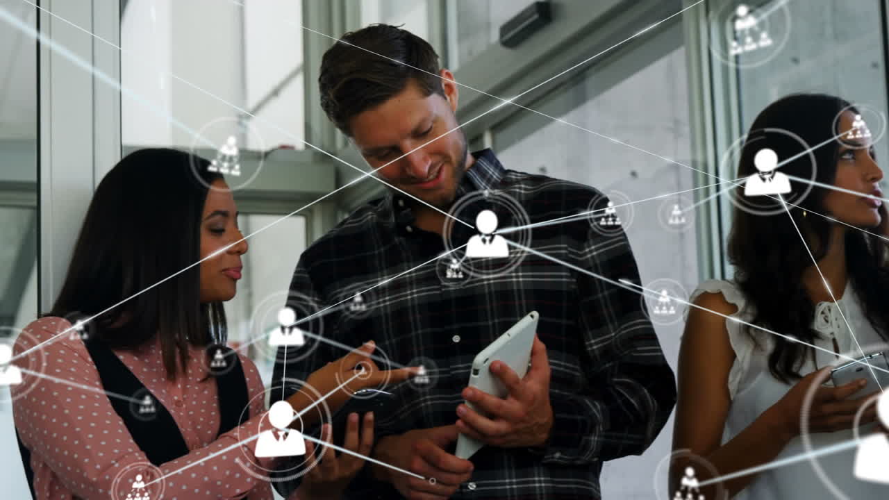 Animation of network of connections over diverse business people using tablet