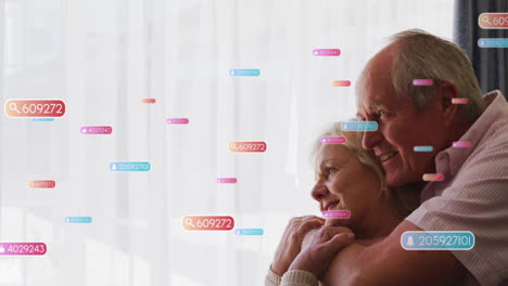 pareja de ancianos abrazándose con números de consulta de búsqueda animación sobre cortinas blancas