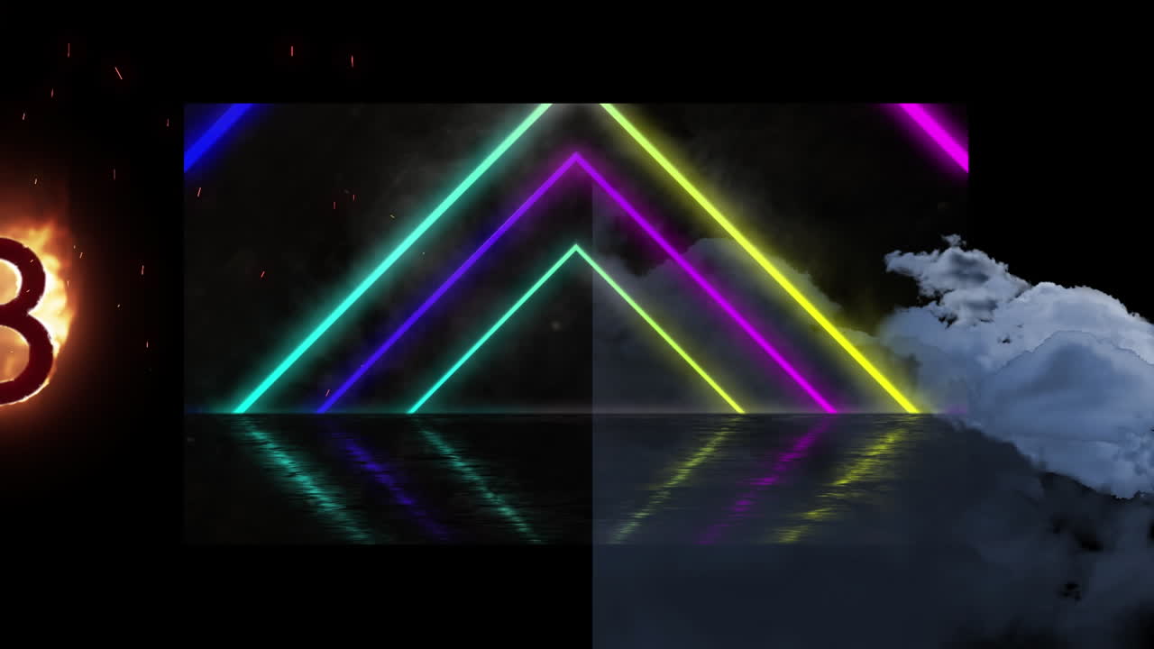 animación de líneas de neón y número en llamas sobre nubes sobre fondo negro