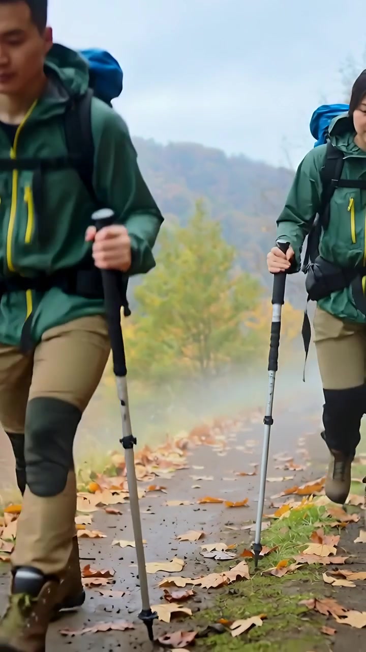 Video vertikal: Sepatu bot menapak, sepasang pendaki mulai mendaki menuju lensa di jalur berkabut, jaket hijau, tongkat