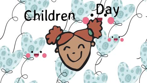 animation of children day text and girl icon on white background