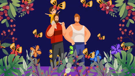 animation of flower icons over gay couple with son icon
