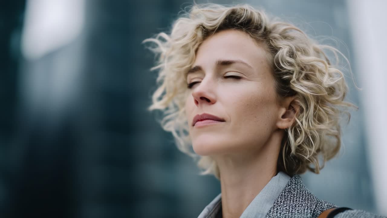 A contemplative woman gazes upward, her curly hair framing a thoughtful expression against a blurred urban backdrop, symbolizing hope and aspiration in the modern world
