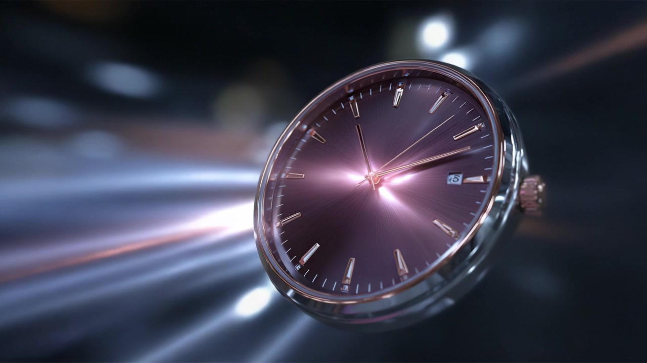 Un primo piano mozzafiato di un orologio di lusso che mostra il suo design elegante e il movimento ipnotico, con un bellissimo quadrante viola e riflessi di luce radiosi.