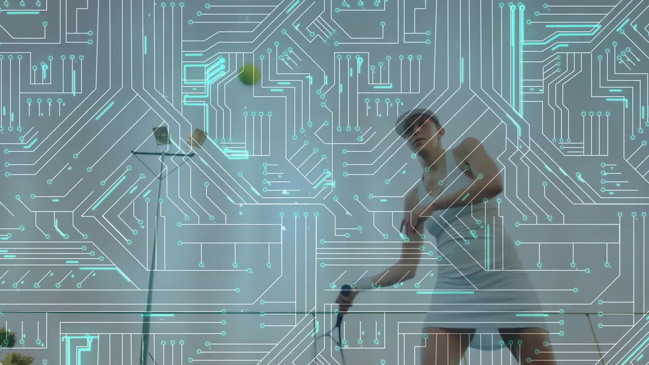 Solo female tennis player swinging racket in studio with neon net line and tech circuit overlay