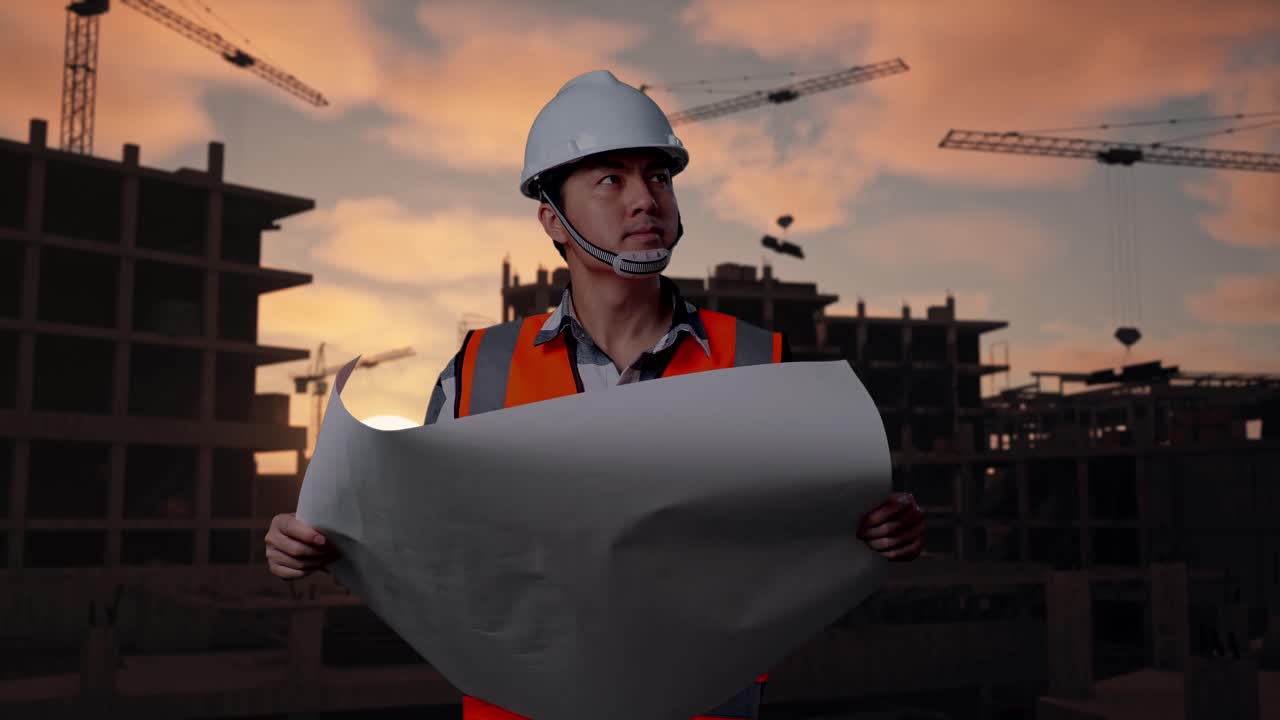 Asian Male Engineer With Safety Helmet Looking At Blueprint In His Hands And Looking Around While Standing At Building & Construction Site in Progress to New House