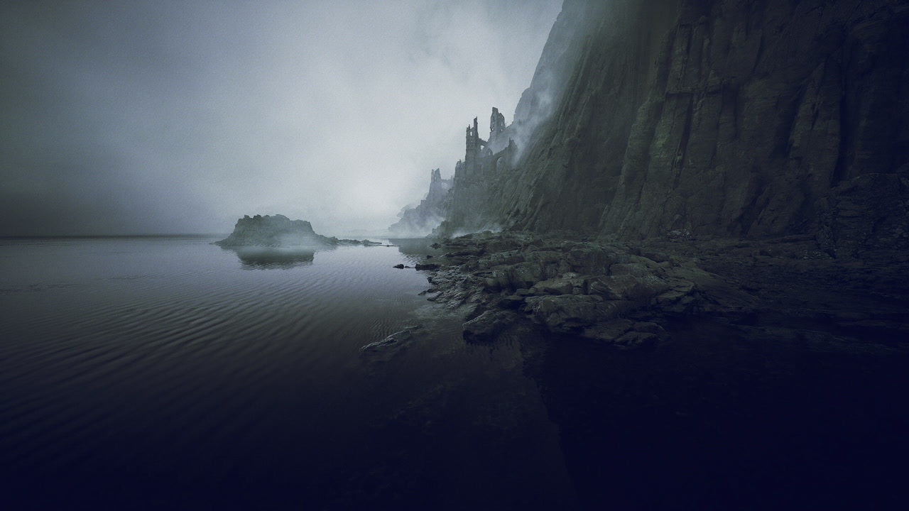 Calm waters mirror rugged cliffs under subdued tones and grain