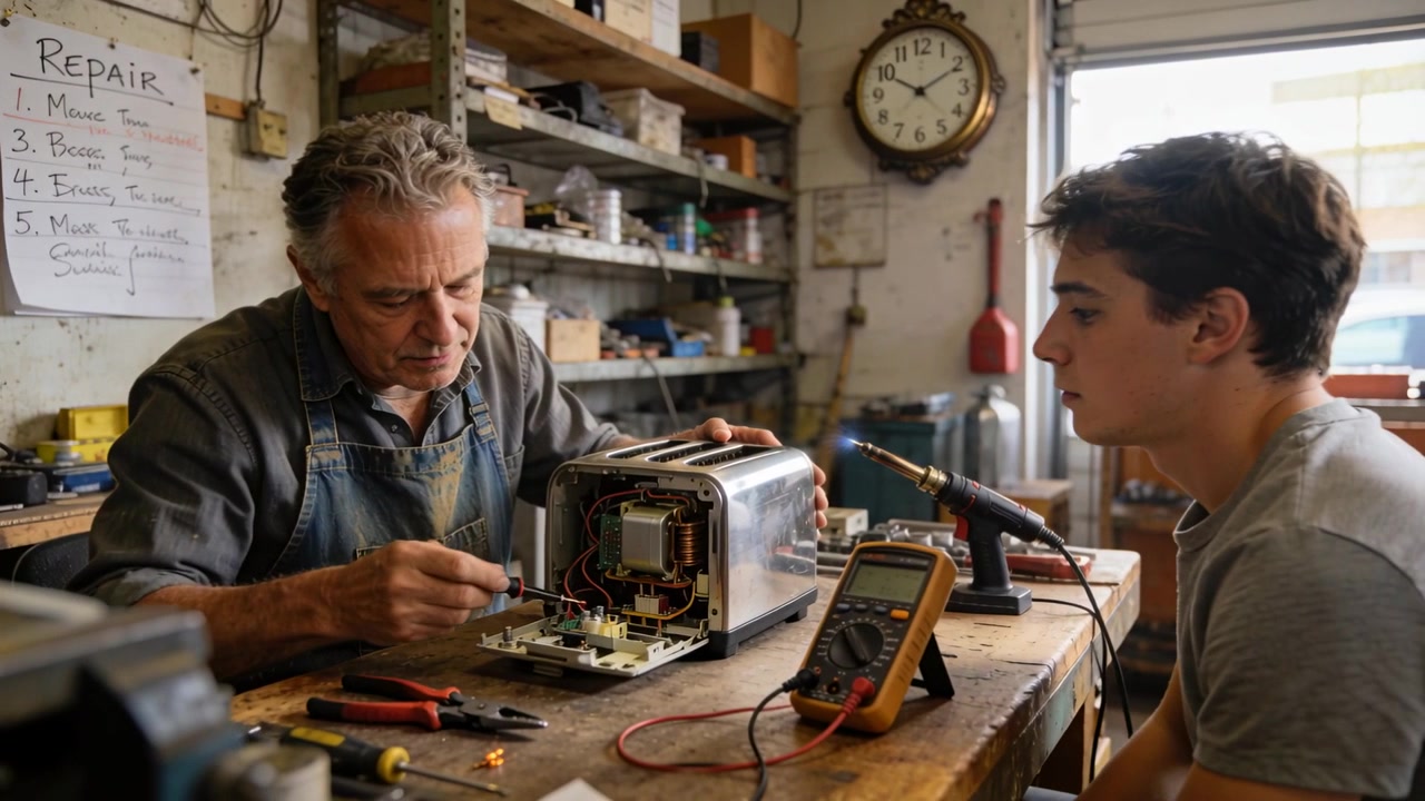 Removing cover, technician in apron probing toaster board at bench, teaching apprentice with meter