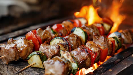 succulent meat and vegetable skewers sizzling over intense charcoal flames, releasing aromatic smoke and creating irresistible grilled delicacy