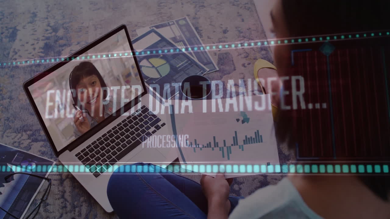 Woman video conferencing on laptop with data processing animation overlay