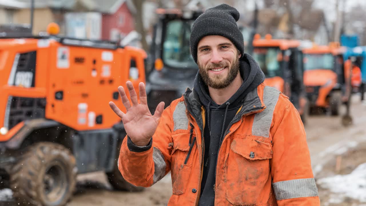A Friendly Construction Worker in Safety Gear Waves at the Camera, Surrounded by Heavy Machinery on a Job Site in a Snowy Urban Environment