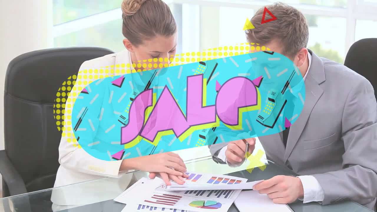 Reviewing documents, business professionals with colorful SALE animation overlay in office