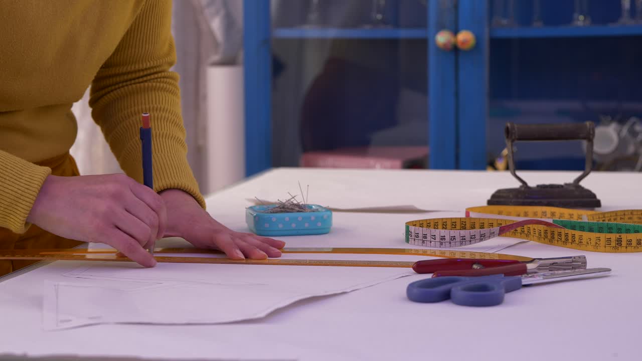 el diseñador de moda vestido de amarillo en el trabajo dibuja una línea de lápiz con una regla