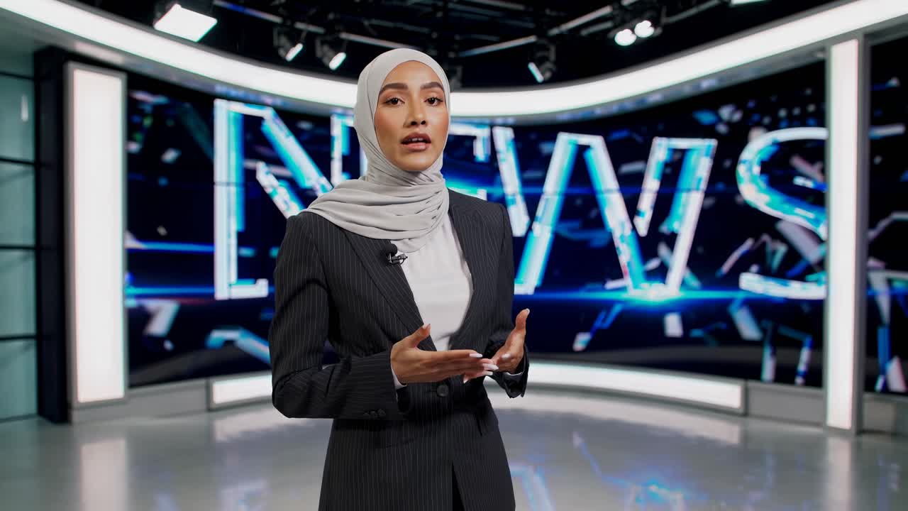 A news anchor in a hijab stands confidently in a modern studio