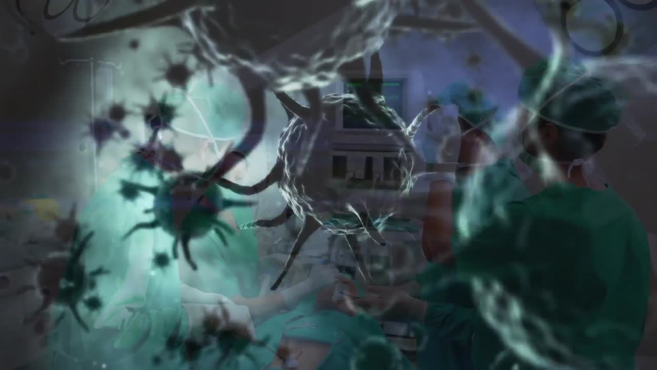 코로나19 세포가 얼굴 마스크를 입은 외과 의사 위에 떠다니는 애니메이션